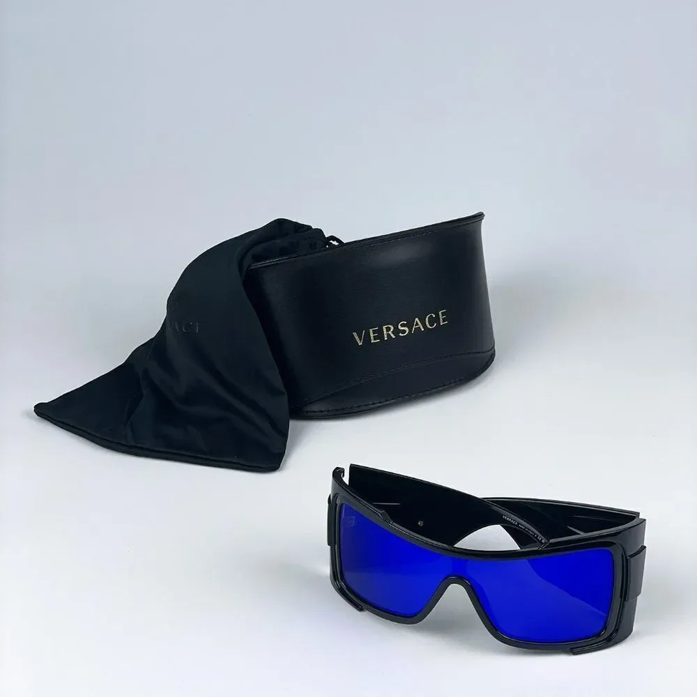 NEW Versace VE4451 GB1/55 Black Grey Mirrored Blue Wraparound Unisex Sunglasses